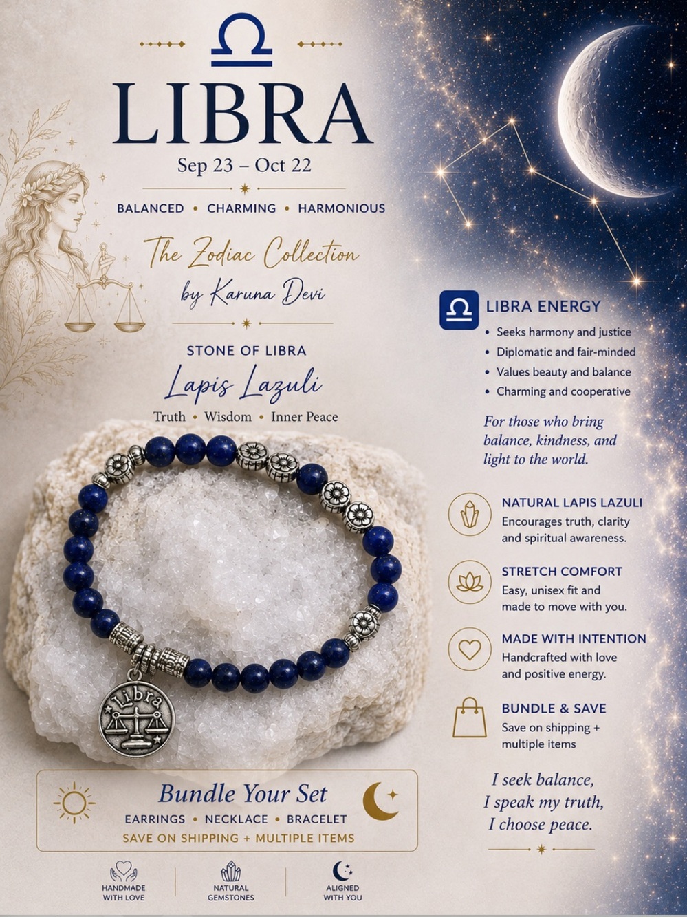 Libra Zodiac, Genuine Lapis Lazuli Zodiac Bracelet - Blue -